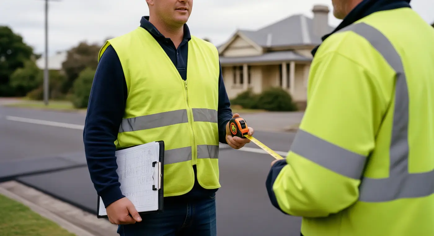 Tradesperson reviewing a detailed asphalt driveway quote with a Launceston homeowner